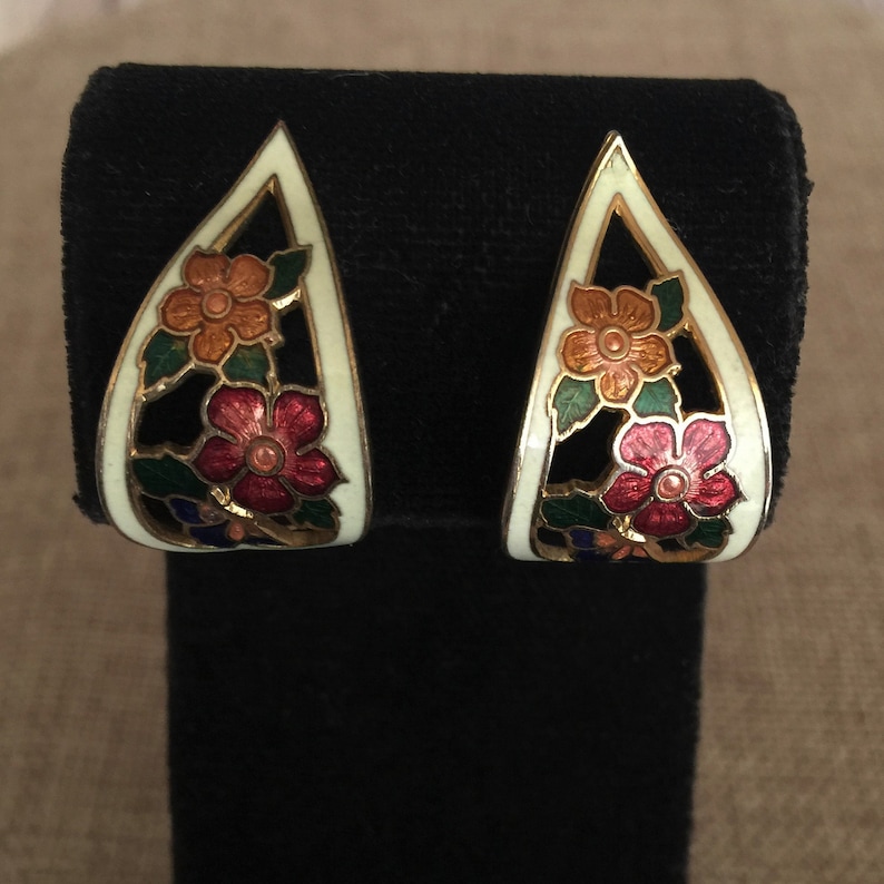 Gold Toned Cloisonne Flower Earrings Clip-On Earrings Gold Tone Base Orange Flowers Pink Flowers White Accents Lightweight