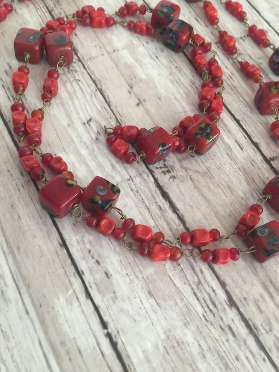 Vintage Red Glass Beaded Necklace Linked Together… - image 5