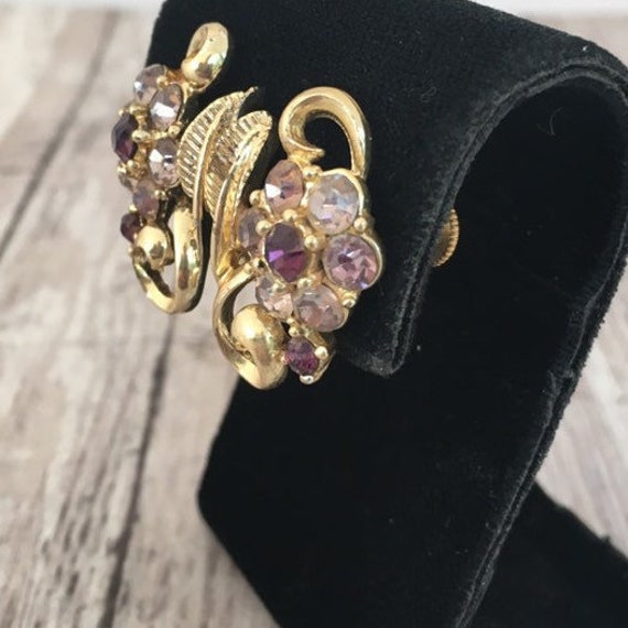 Vintage Coro Flower Earrings Purple Faceted Stone… - image 6