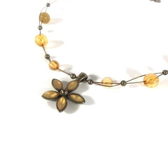Floral Pendant Beaded Necklace Yellow Orange Flow… - image 1