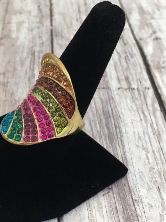 Chunky Gold Tone Ring Multi Colored Stones Enamel… - image 5