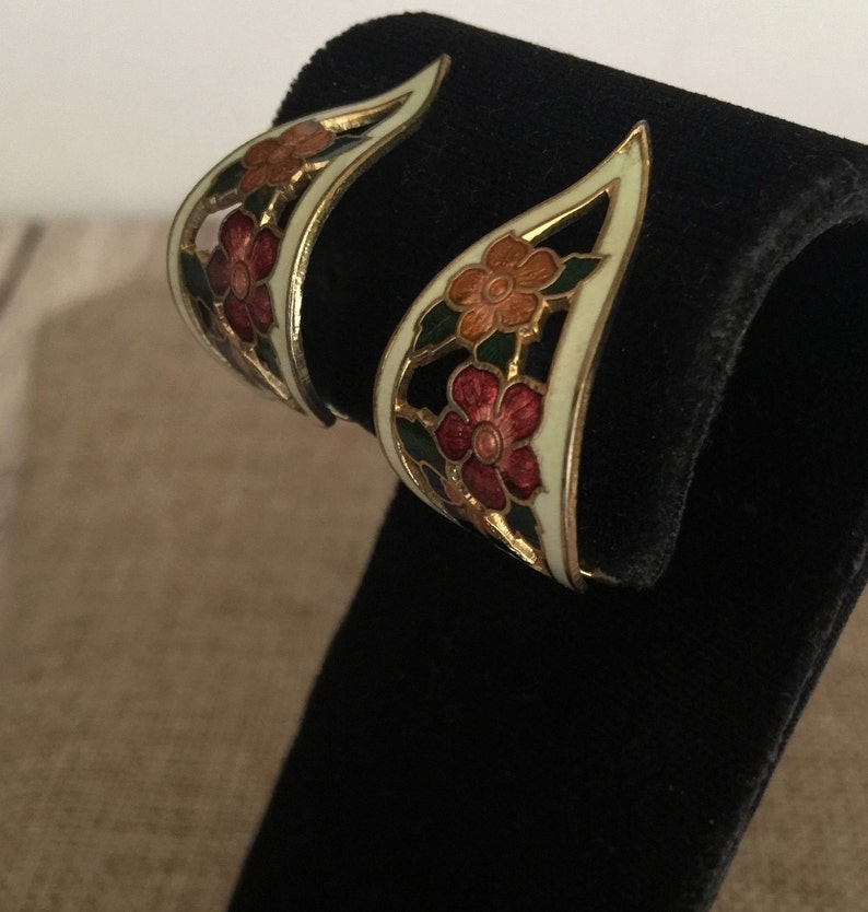 Gold Toned Cloisonne Flower Earrings Clip-On Earrings Gold Tone Base Orange Flowers Pink Flowers White Accents Lightweight