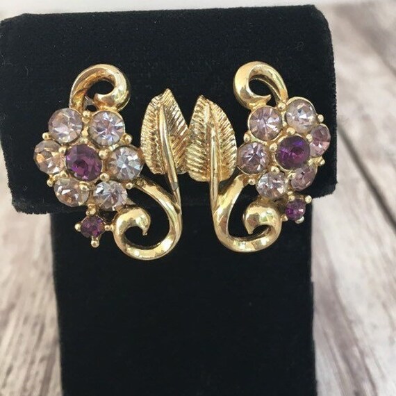 Vintage Coro Flower Earrings Purple Faceted Stone… - image 1