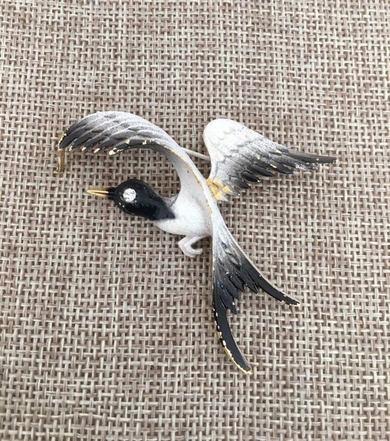 Vintage Mamselle Bird Brooch Black White Bird Pin 
