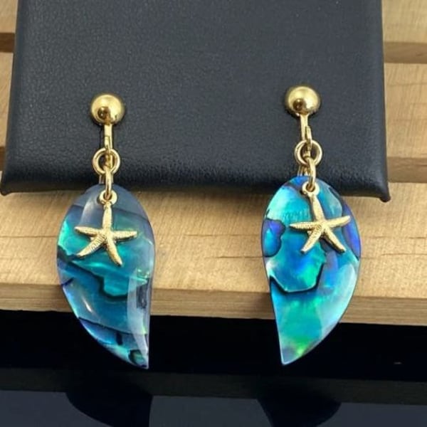 Abalone Clip On Starfish Earrings Dangling Paua Shell Earrings Ear Clips Gold Tone Iridescent Clip-Ons Starfish Charm Accent