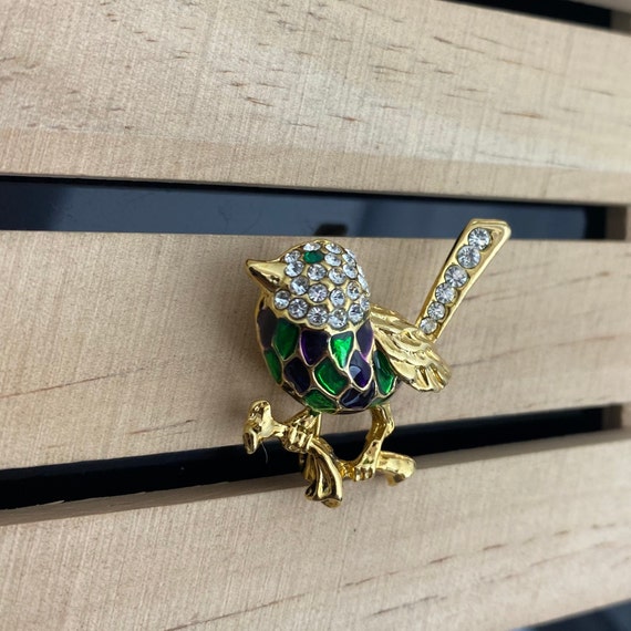 Vintage Bird Brooch Green Eyed Bird Pin Clear Sto… - image 3