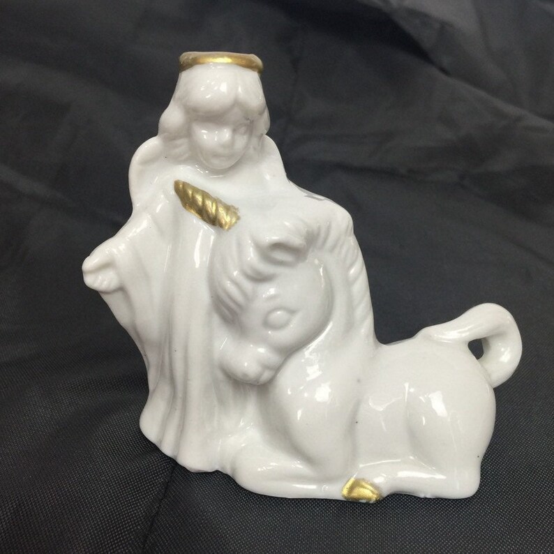 Porcelain Guardian Angel Unicorn Figurine 1980s White Gold Tone Accents Gift Idea