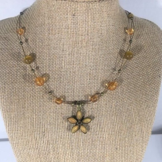 Floral Pendant Beaded Necklace Yellow Orange Flow… - image 5