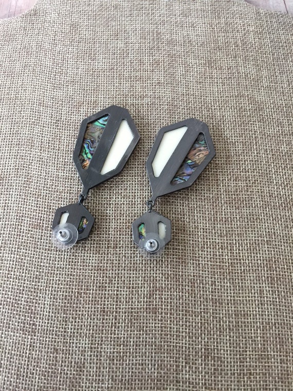 Abalone Shell Rhinestone Earrings Dangling Paua S… - image 4