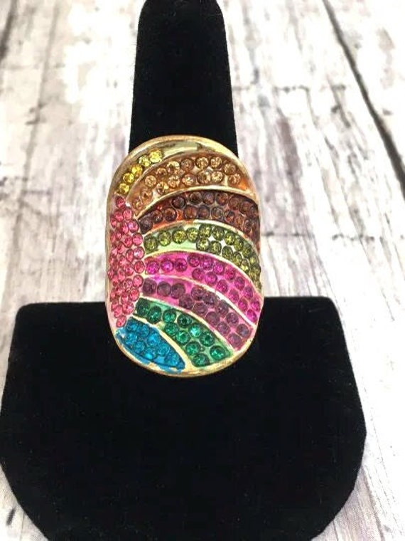 Chunky Gold Tone Ring Multi Colored Stones Enamel… - image 1