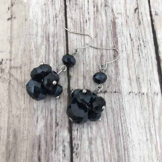 Black Glass Silver Tone Earrings Dangling Earring… - image 5