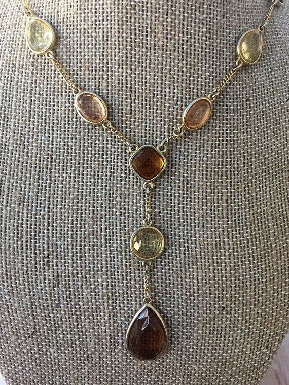 Antique Gold-Tone Metal Brown Faceted Stone Pendant Necklace