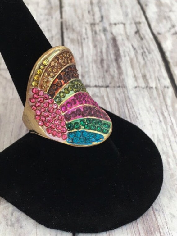 Chunky Gold Tone Ring Multi Colored Stones Enamel… - image 3