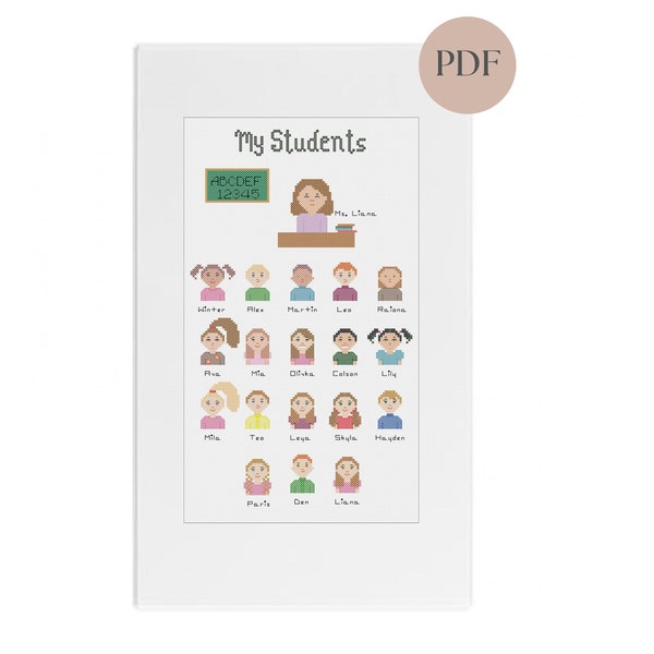 Teacher and students Class School Cross Stitch Pattern Personalized Portrait Wall Decor Portrait