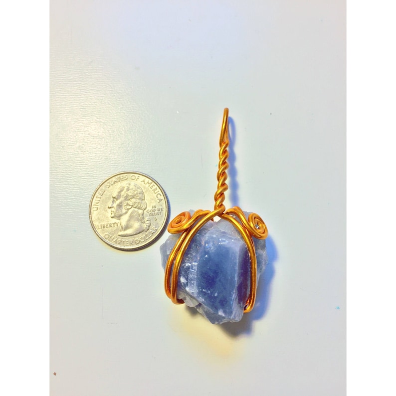 Blue calcite wire wrap wire wrapped jewelry blue rock necklace blue stone pendant wire wrapped in gold aluminum wire raw stone