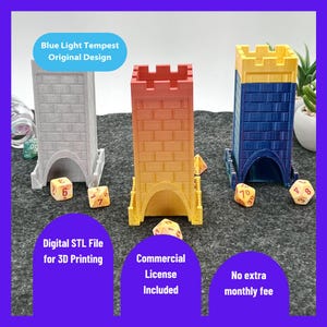 May include: Three 3D-printed dice towers in gray, orange-yellow, and blue-yellow. Each tower has a castle design with a rectangular base and a crenelated top. Dice are scattered around the towers. Text on the image reads "Blue Light Tempest Original Design".