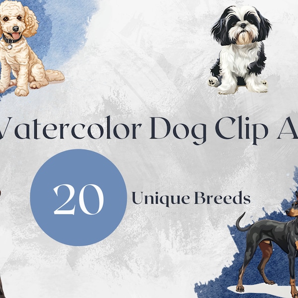 Watercolor Dog Clip Art Collection: 80 PNGs, 20 Breeds with 4 Variations Each - Transparent Background - High Quality - 4096p x 4096p