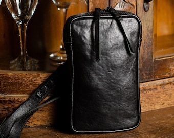 Leather Black Crossbody Bag for Men, Small Leather Purse Women, Minimalist Shoulder Bag, Cell Phone Purse, Messenger Handbag