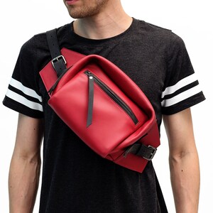 Leather Fanny Pack Women Belt Bag Men Festival Bag Red Leather Hip Bag Burningman Futuristic Bag Waist Bag Unisex Shoulder Bag Techwear