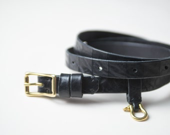 Leather Black Belt for Women, Dress Belt Leather, Skinny Belt w/ Belt Loop Keyring, Womens Trouser Belt, Solid Brass Roller Buckle