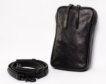 Borsa a tracolla in pelle nera per uomo, piccola borsa in pelle per donna, borsa a tracolla minimalista, borsa per cellulare, borsa a tracolla