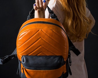 5863 Leather Backpack Purse Orange Real Soft Leather Travel Fashion Soft Orange Leather Backpack - Etsy main image 3