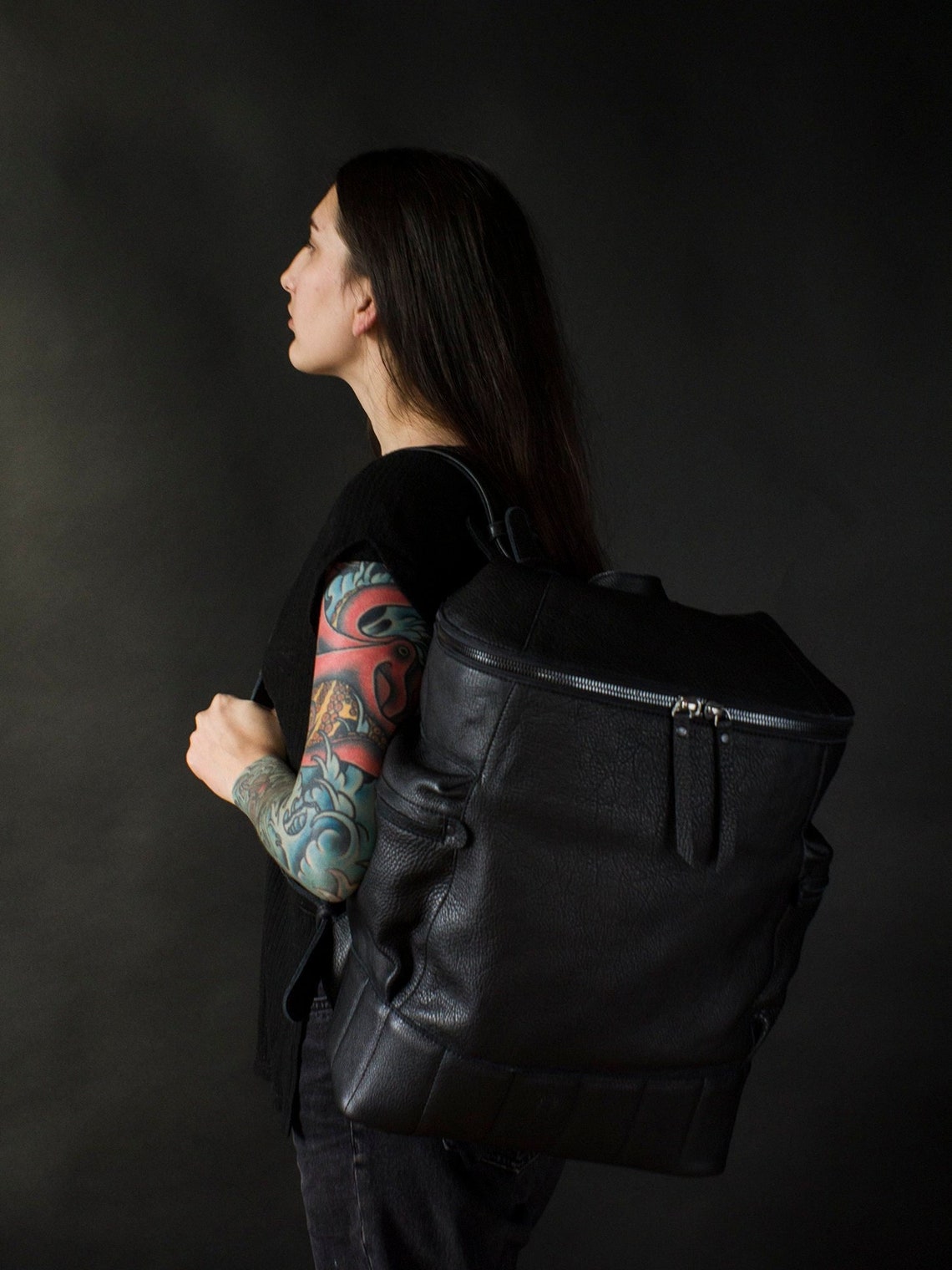 Large Black Leather Backpack Men Big Travel Backpack Etsy