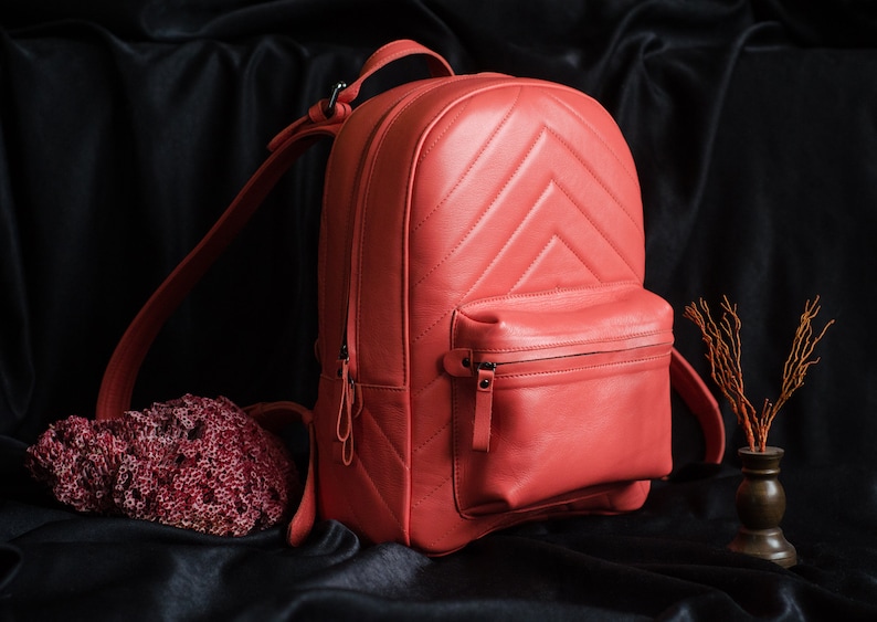 Leather backpack women in coral pink color leather rucksack with front pocket laptop pink backpack minimalist women/'s leather bag