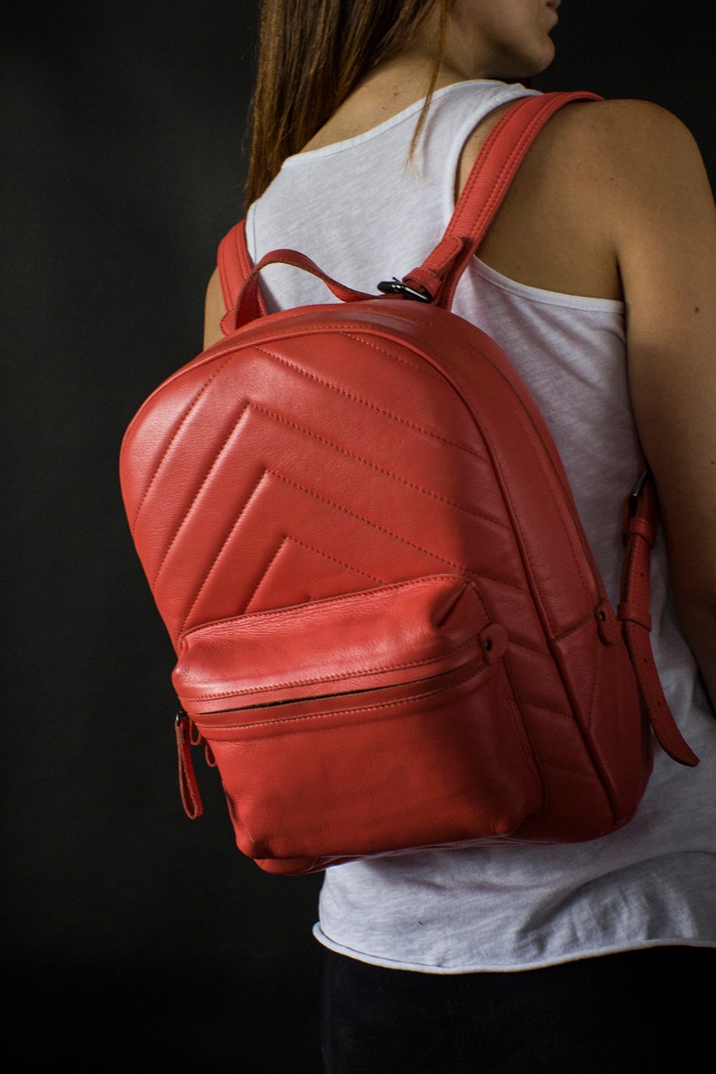 Leather backpack women in coral pink color leather rucksack with front pocket laptop pink backpack minimalist women/'s leather bag