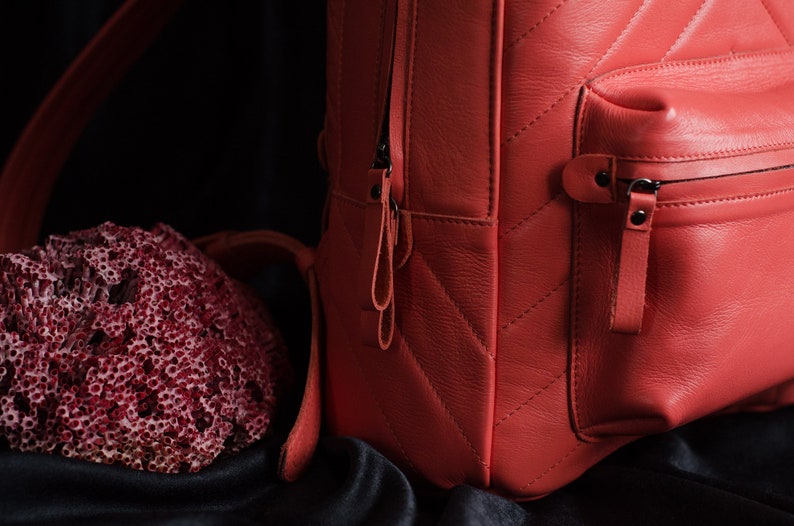 Leather backpack women in coral pink color leather rucksack with front pocket laptop pink backpack minimalist women/'s leather bag