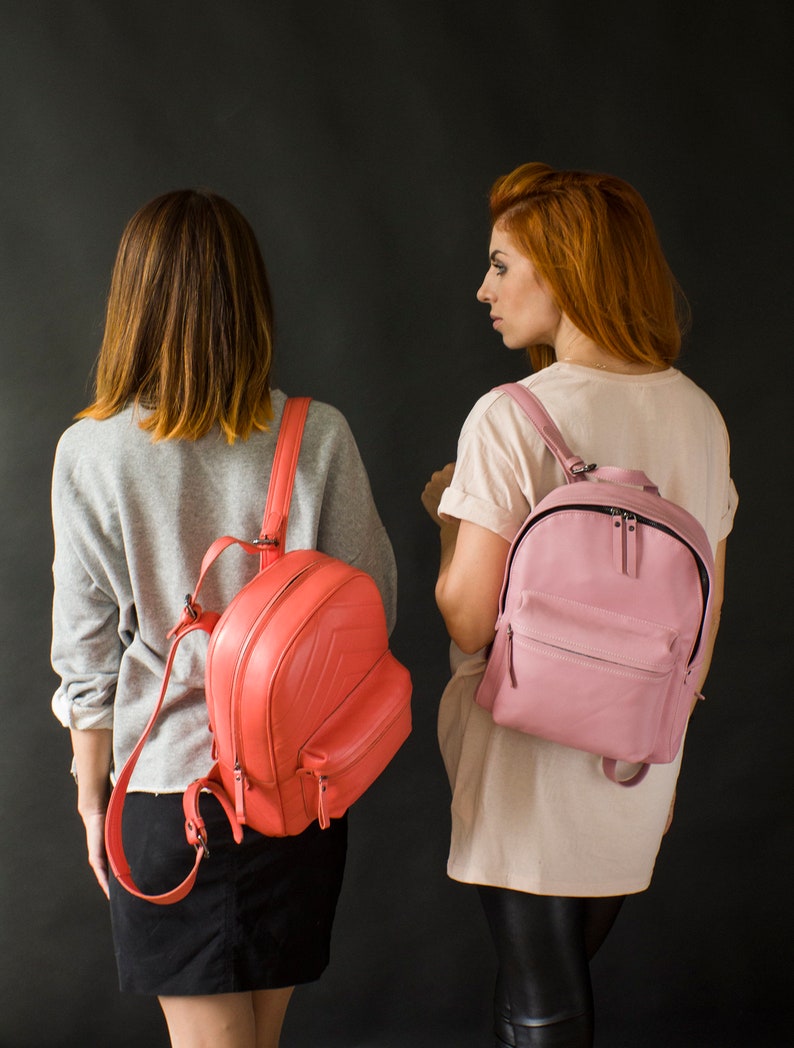 Leather backpack women in coral pink color leather rucksack with front pocket laptop pink backpack minimalist women/'s leather bag