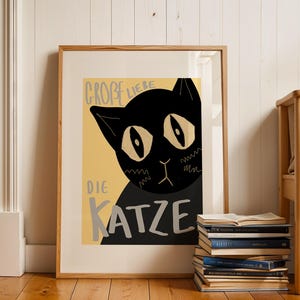 German typography cat poster print, deutsch style wall art for cat lovers, cute expression.