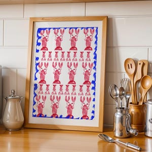 Cute Lobster Pattern Design Print – Vibrant Summer Kitchen Poster, Hand-Drawn Illustration, Unframed Beachy Art, custom colour options