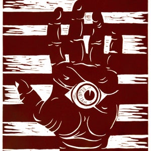 May include: A white hand with an eye in the palm, printed on a red background with white stripes.
