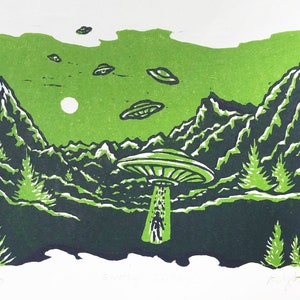 Greetings, Earthling! - Handmade Linocut Print with a Person Being Abducted by Alien UFOs