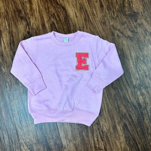 May include: A light pink sweatshirt with a large, red felt letter "E" on the front. The letter has a gold outline.