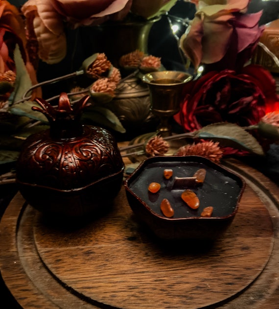 Persephone Candle, Pomegranate Candle, Pomegranate Decor,  Persephone and Hades, Crystal Candle, Dark Goddess Ritual
