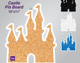May include: A corkboard shaped like a castle, measuring 10 inches by 11 inches. The corkboard is brown and has a white outline. The image also shows four different castle silhouettes: black, white, blue, and a blue glitter castle.