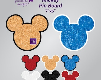May include: Mickey Mouse-shaped pin boards in various colors, including cork, blue glitter, red, tan, black, and white. The boards are 7" x 6" and feature the text "Mickey Pin Board". The image also includes the "pinnable designs" logo.