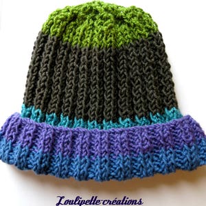 Peut inclure: Un bonnet tricoté avec un motif de couleur vert, marron, bleu sarcelle et violet. Le bonnet est réalisé avec un point texturé.