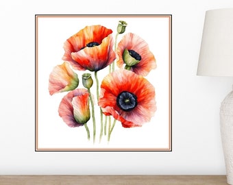 Watercolor Poppies boho floral art print on canvas Rustic wall decor cottage core artwork large wall art botanical art canvas