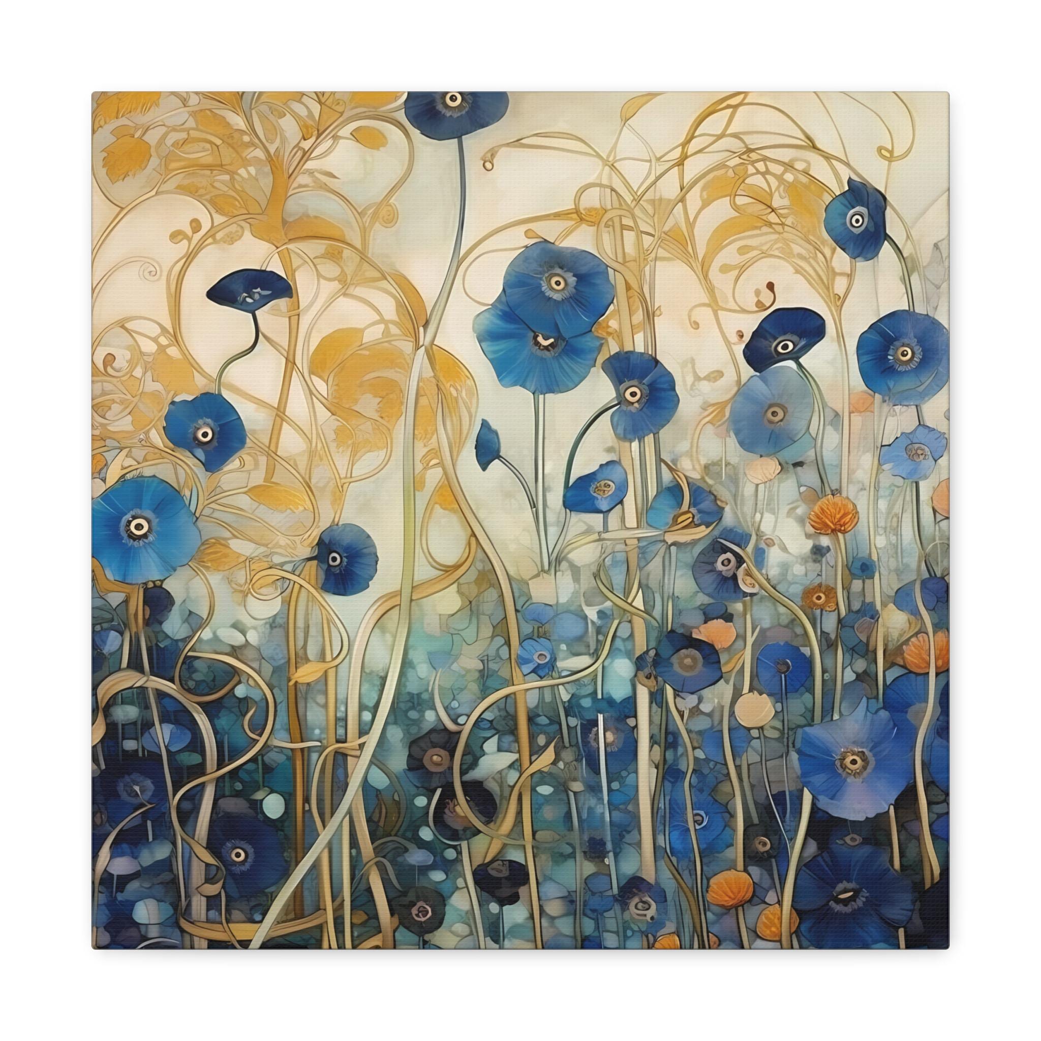 Floral Study in Blue and Straw Gustav Klimt Inspired Art Print #4 Canvas Gallery Wrap Vintage Museum Art Classical Vibrant Colors Art Print