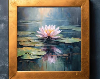 Puede incluir: Una pintura enmarcada de un nenúfar rosa flotando en un estanque con nenúfares verdes. El agua es de un azul oscuro con un reflejo del nenúfar.