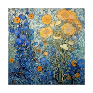 May include: A watercolor painting of a field of blue and yellow flowers. The flowers are arranged in a symmetrical pattern, with the blue flowers on the left side of the painting and the yellow flowers on the right side. The flowers are surrounded by swirling green vines.