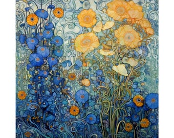Gustav Klimt Floral Study in Print in Blues and Golds  on museum-grade Art Paper Vintage Museum Art Classical Vibrant Colors Art Print