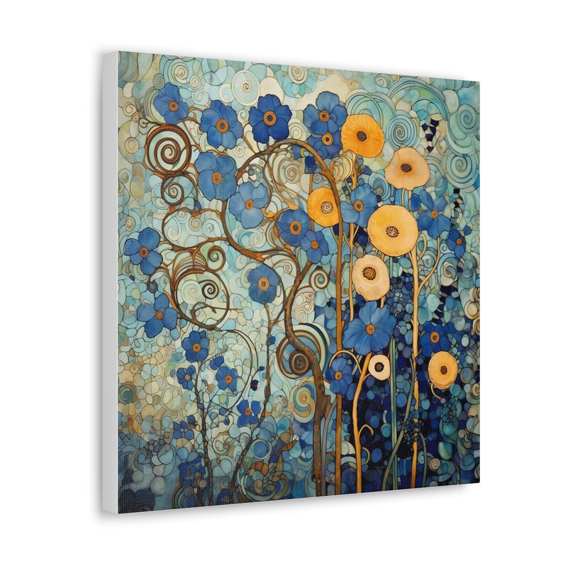 Floral Art Print Blue and Caramel Gold Gustav Klimt-inspired Canvas ...