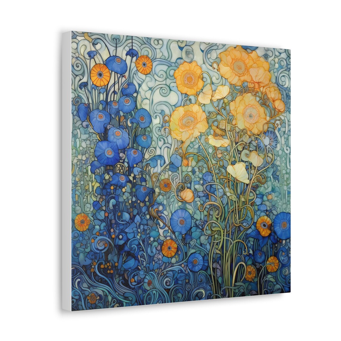 Blue Floral Cascade Gustav Klimt Inspired Art Print Canvas Gallery Wrap ...