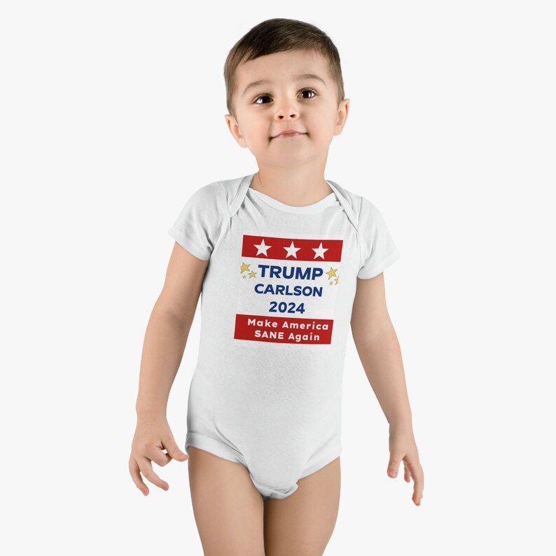 Trump Carlson 2024 Baby Short Sleeve Onesie® by Gerber Childrenswear Funny Baby Outfit Cute Onesie image 3