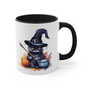 Spooky Kitten Halloween Mug, cat in witch&#39;s hat, kitten with pumpkin and cauldron, spooky season mug,