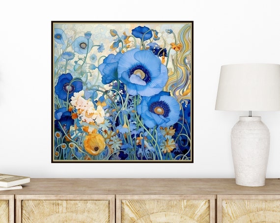 Floral Study in Blue and Gold Gustav Klimt Inspired Art Print #3